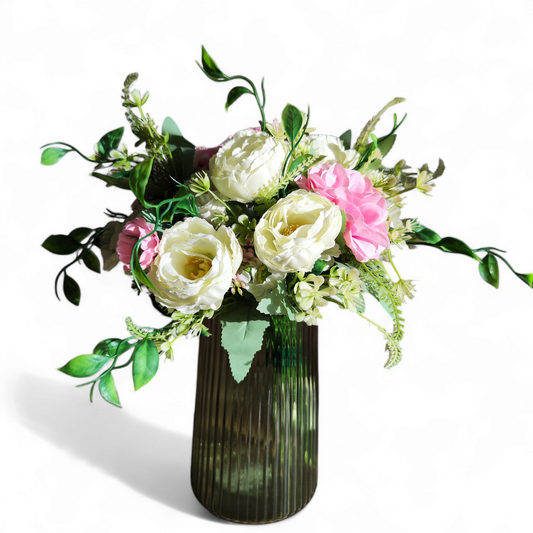 Pink Dahlia, Cream Ranunculus and Rose Artificial Flower Bouquet