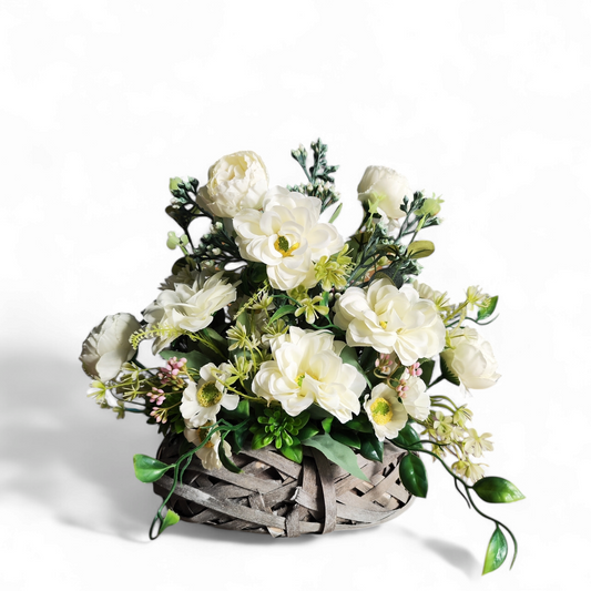 White Ranunculus, Dahlia, Eucalyptus and Limonium Artificial Flower Arrangement in Wicker Basket