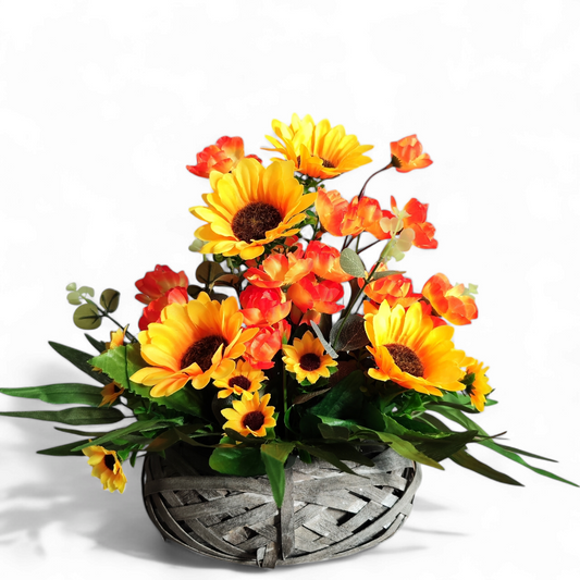 Sunflower, Azelia, Eucalyptus and Willow Leaf Wicker Basket Artificial Flower Arrangement